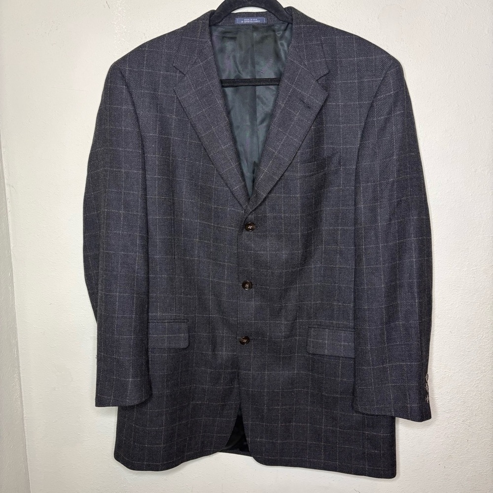 Men's Charcoal Gray Windowpane Wool Blazer Size 42L